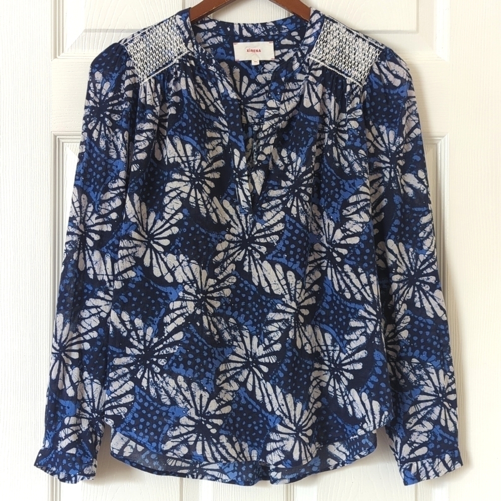 Xirena Aimi Batik Printed Smocked Shoulder Split Neck Popover Top Water Blue XS